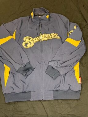 Majestic Navy and Yellow Brewers Varsity Jacket